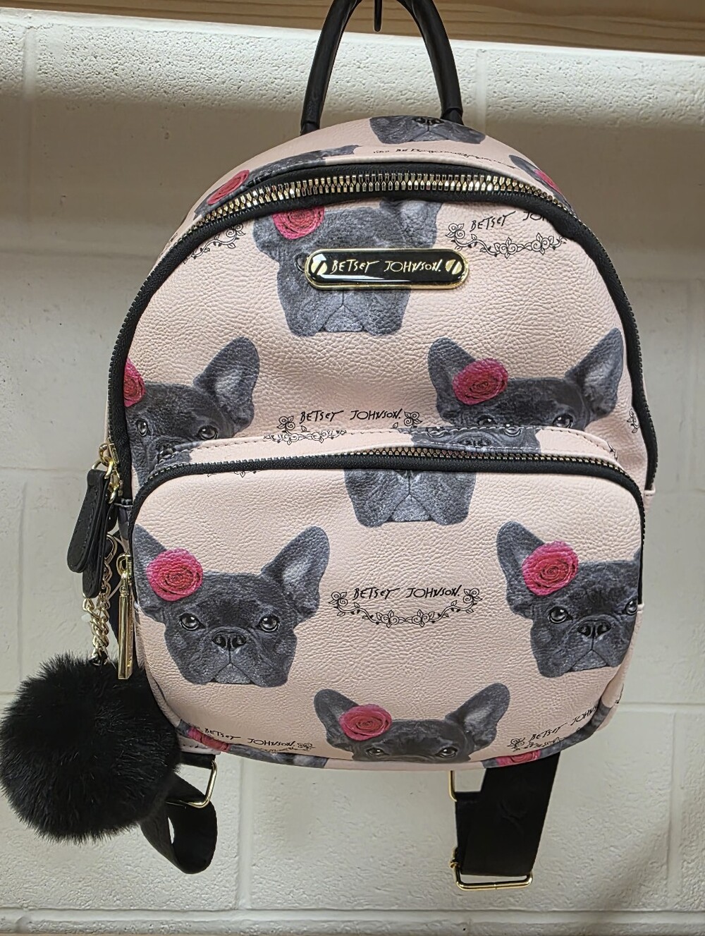 Betsey Johnson Pink French Bulldog Pattern Mini Backpack with Black Pom - Picture 3 of 10